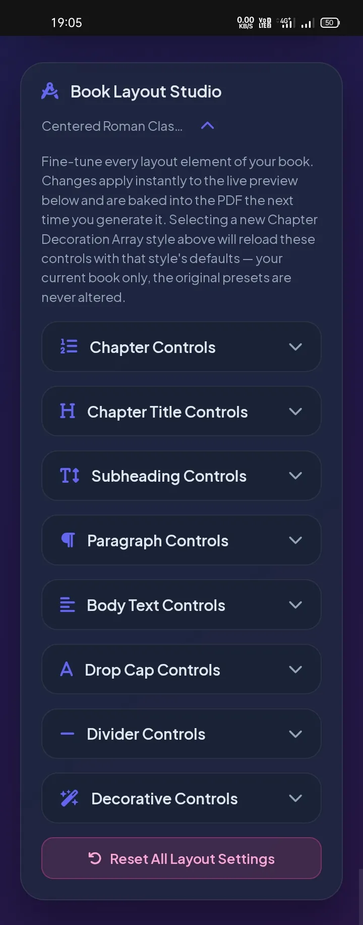 Interactive book layout studio overview with drop caps and chapter styling