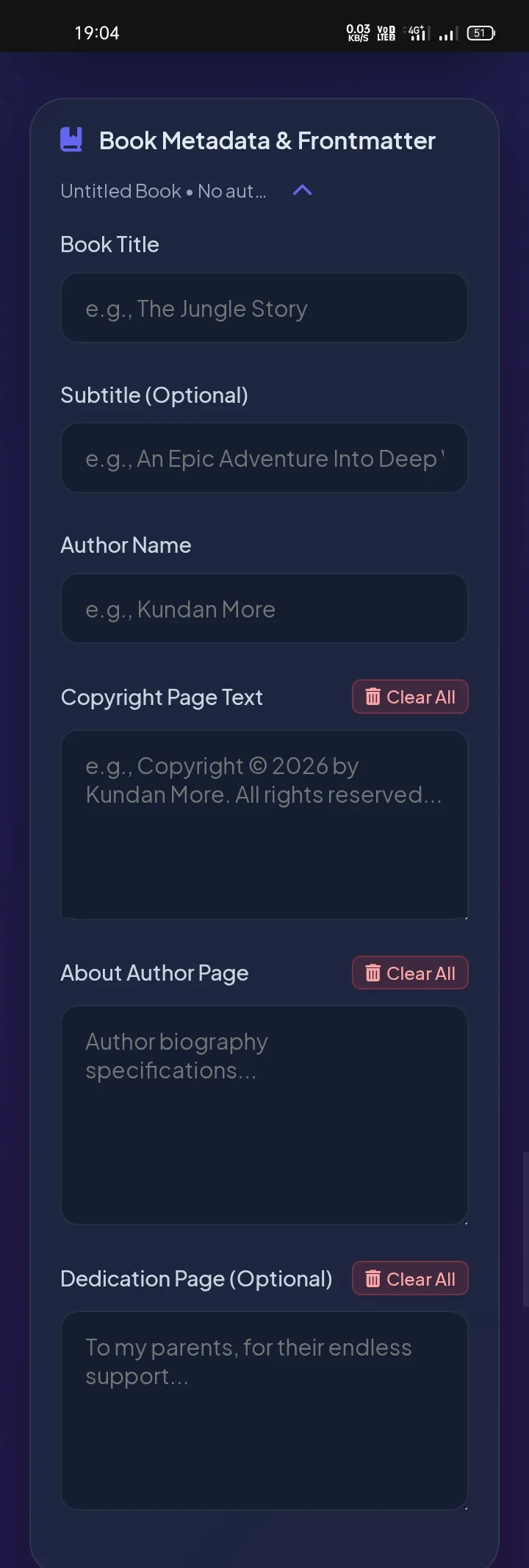 Book metadata and frontmatter settings for title, author, and copyright