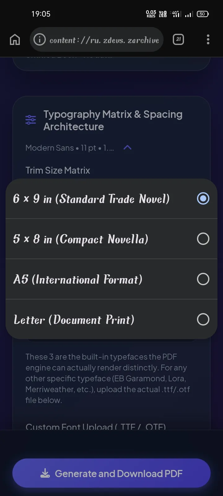 Trim Size Selection screenshot