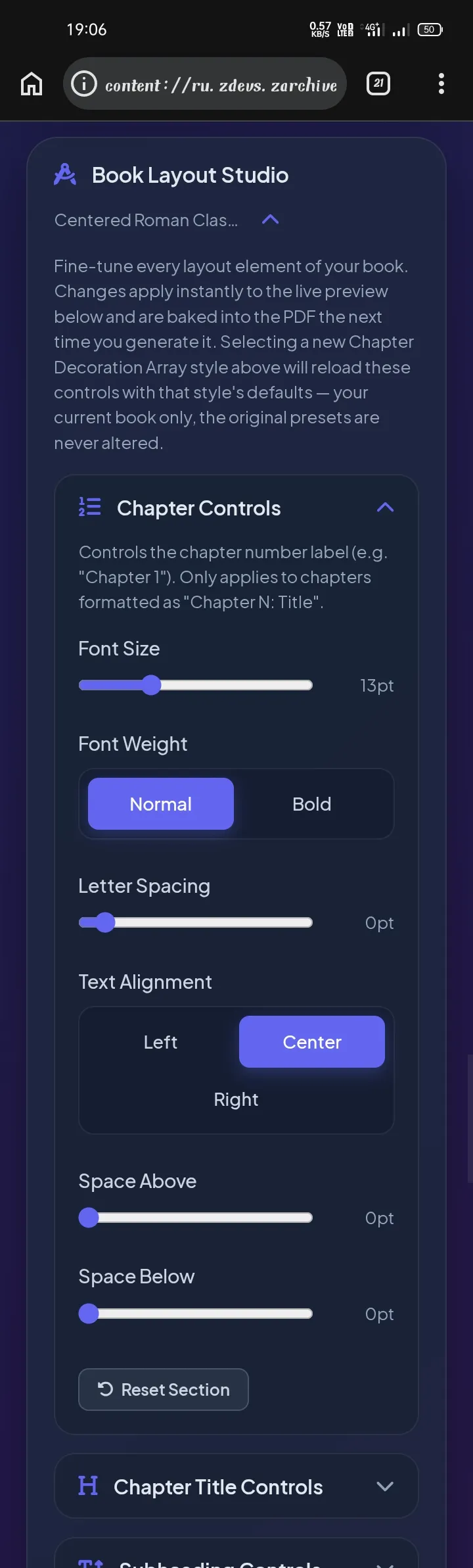 Chapter Controls screenshot