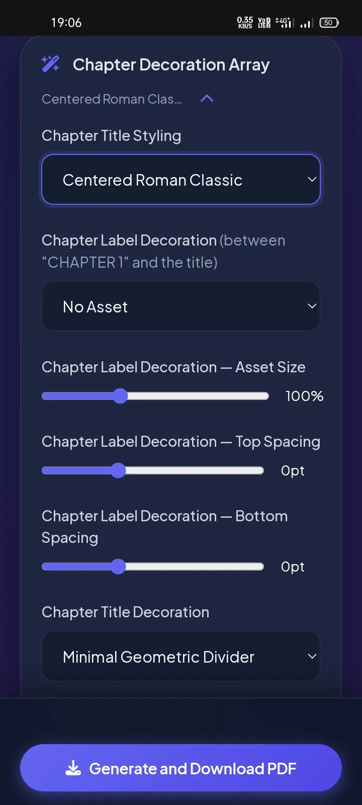 Chapter decoration array settings with ornamental SVG graphic choices