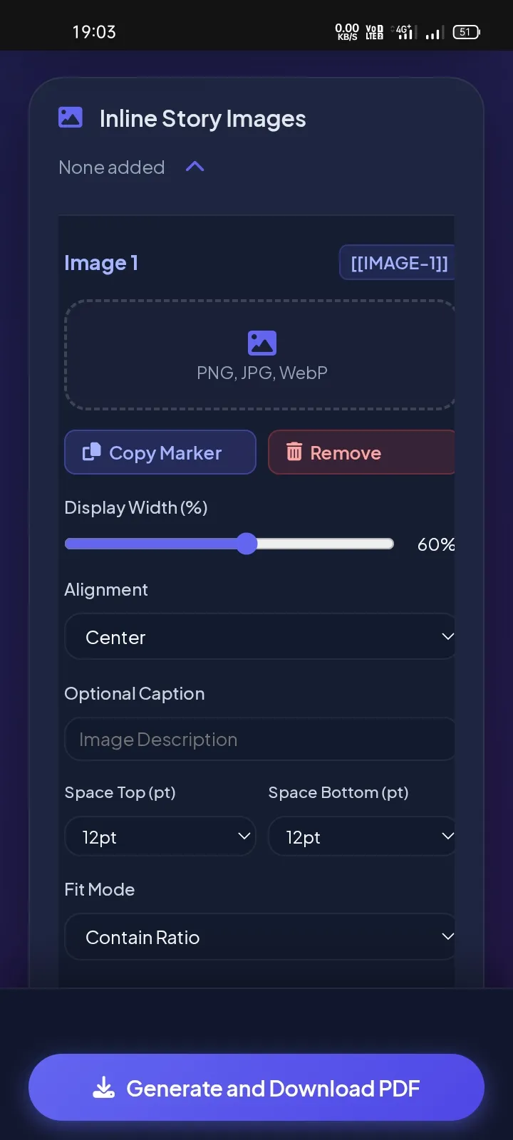 Inline story image settings with width, alignment, and caption controls