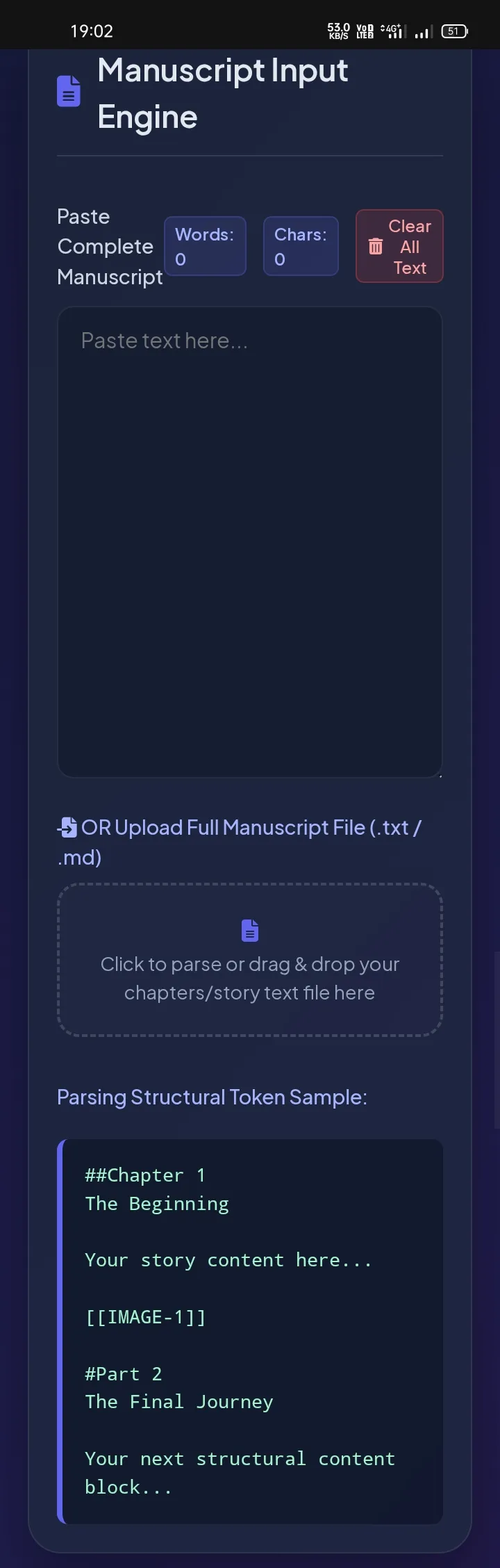 Manuscript input engine showing text paste and file upload