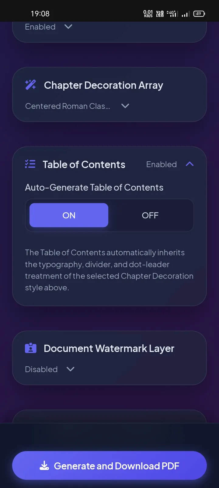 Automatically generated table of contents settings