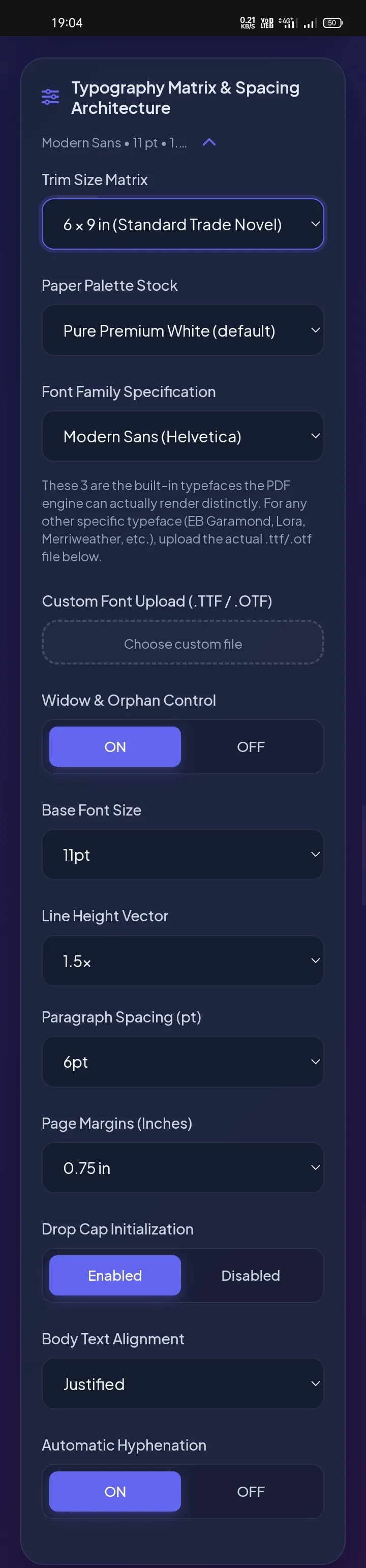 Typography matrix and spacing controls for font size, line height, and margins